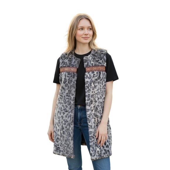 Uncle Frank Faux Fur Vest Gray Leopard Beaded Long Women Small - Picture 3 of 5